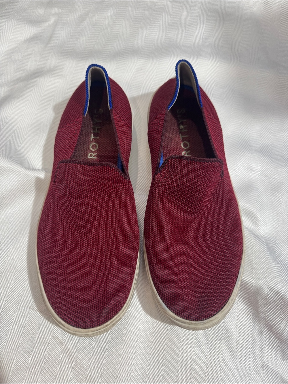 Rothy's Men's Slip-On Loafers in Burgundy with Blue Trim